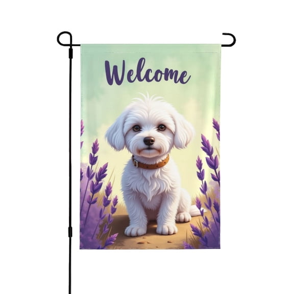 Welcome Garden Flag 12x18 Inch Double Sided Cute White Dog With Lavender Spring Summer Small Yard Flag Seasonal House Outdoor Farmhouse Decoration Banner