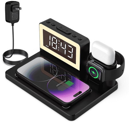 FU2082 Wireless Charging Station with Alarm Clock, 7 Night Lights, 5-in-1 Wireless Charger for iPhone 16/15/14/13/12/11/Pro/Max/XR/X/8, Samsung Phone, Apple Watch, AirPods (Watch Cable not Included)