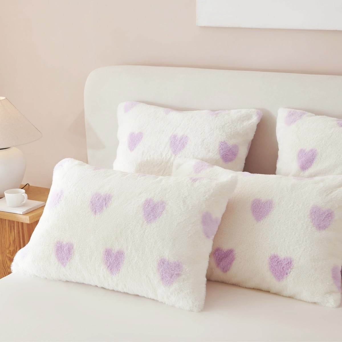 JOLUSERE Fluffy Flannel Duvet Cover Queen Set, 3-Piece Faux Rabbit Fur Luxury Cozy Warm Winter Bedding Set,Purple Heart White