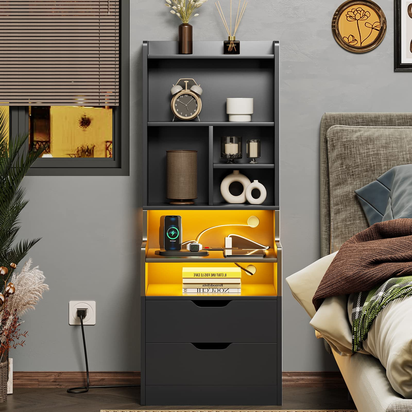 Afuhokles Tall Nightstand with Charging Station and LED Lights, Night Stand with Bookshelf, Bedside Table with Drawers, Black