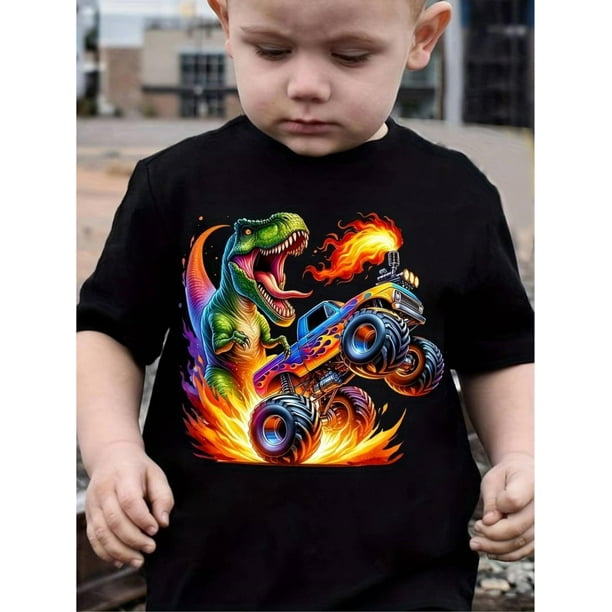 Camiseta informal de manga corta para niño con diseño de camión monstruo estampado en 3D, tejido de poliéster, cuello redondo, corte regular, top de verano para niño.