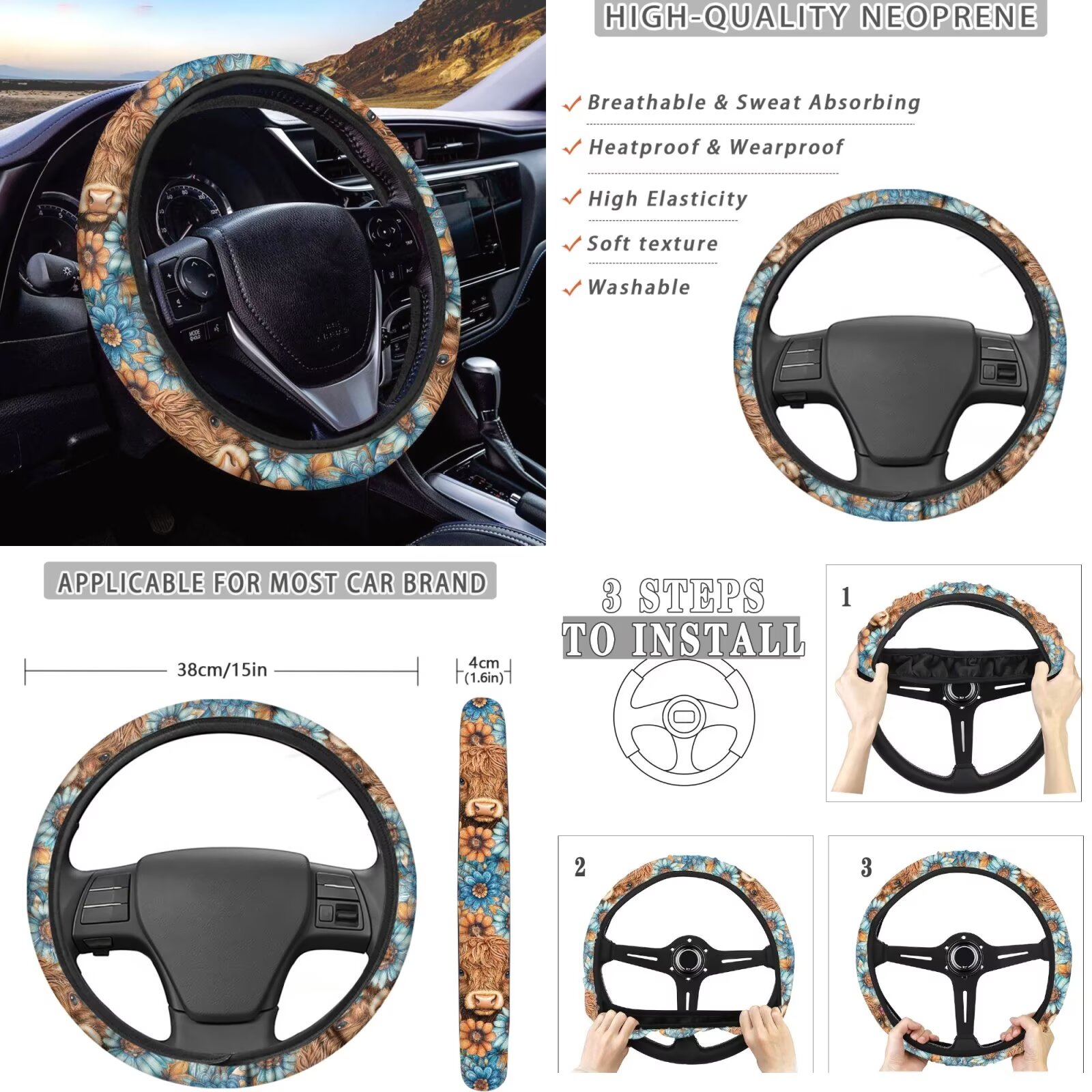 Garronmavis Boho Highland Cow Car Accessories Set with Steering Wheel Wrap Gear Shift Cover Handbrake Sleeve Headrest Protectors Cup Coasters Vehicle Cushion Protectors Interior Accessories