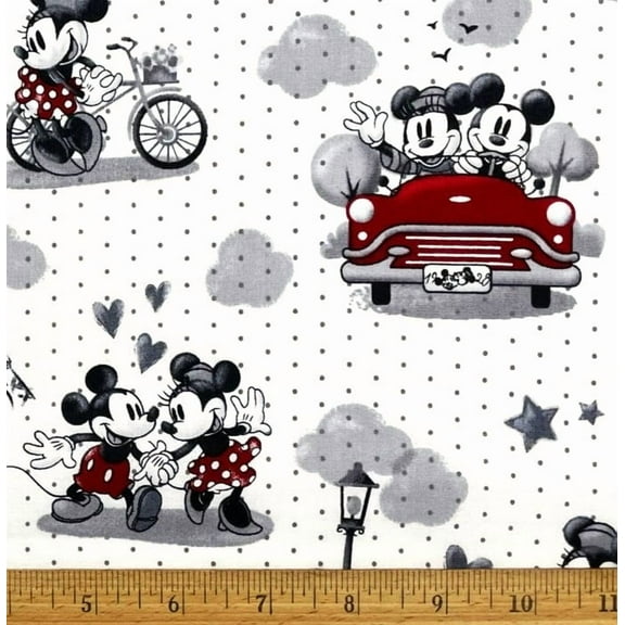 1 Fat Quarter - Disney Mickey & Minnie Mouse in Love with Hearts Cotton Fabric - 21" X 18"