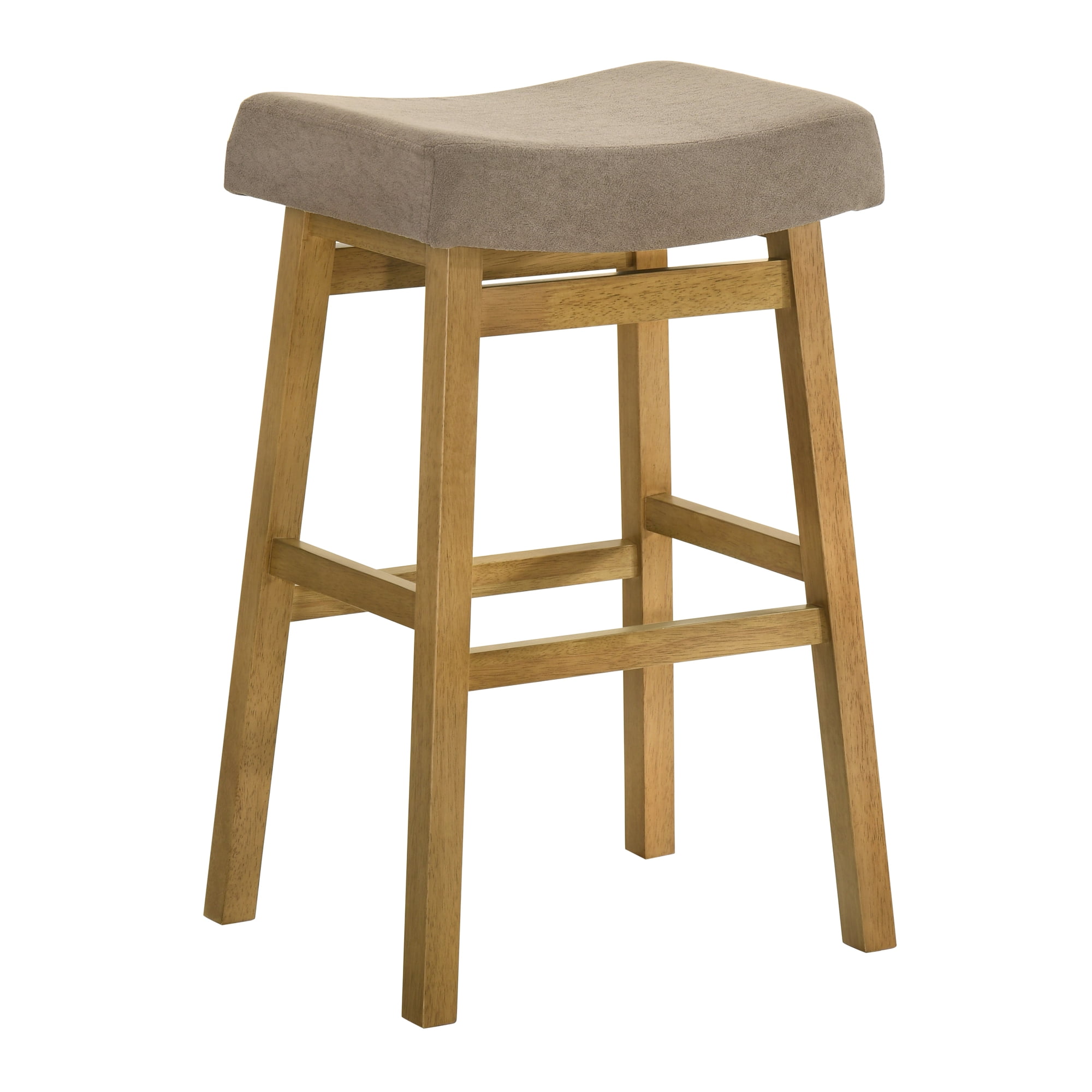 Lenon Modern Farmhouse Wood Bar Height Kitchen Bar Stool in Amber Glow Finish with Taupe Fabric Upholstered Seat - Set of 3