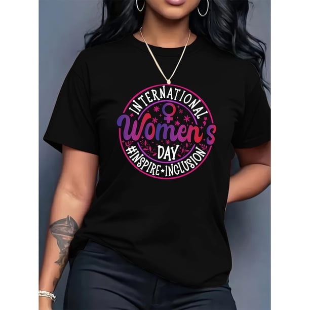 Women's Day Round Frame Colorful Letter Print Black Women's Casual Fashion Top Round Neck Short Sleeve T-Shirt