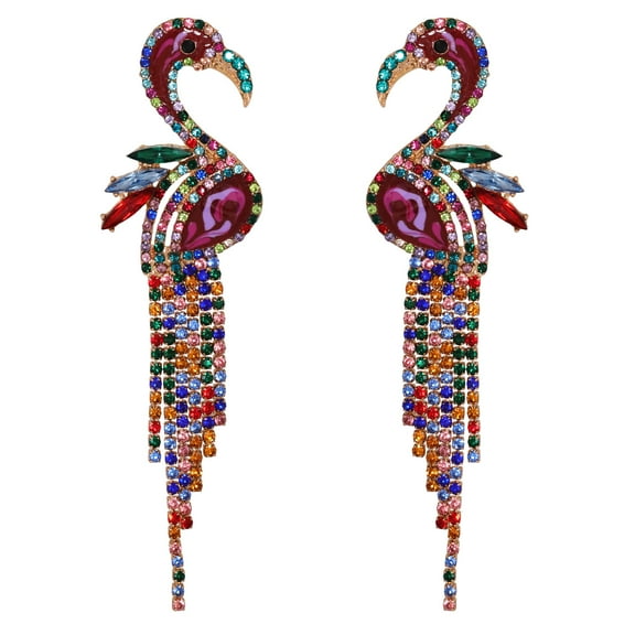 Colorful Rhinestone Flamingo Drop Earrings For Women Long Tassel Dangle Ear Jewelry
