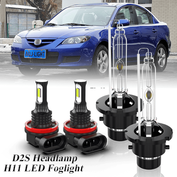 Fit for Mazda 3 2004 2005 2006 – D2S Xenon Headlight H11/H9/H8 LED Foglights Bulbs Combo 4 Pack, 6000K Diamond White 3800LM Super Bright, Auto Headlamp Upgrade Set