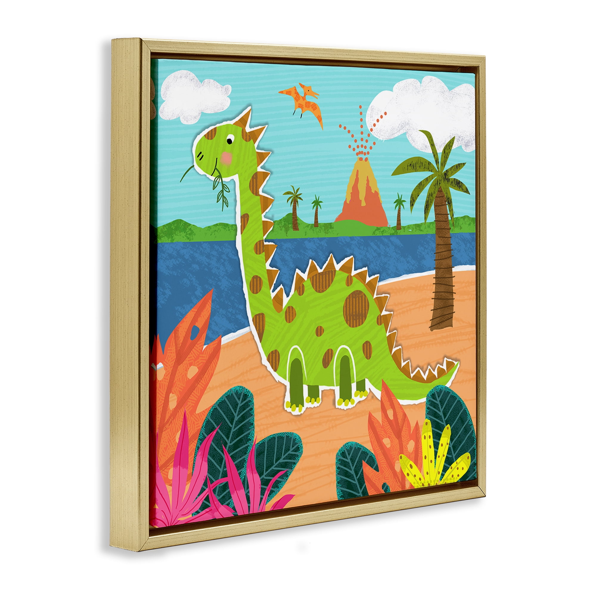 Stupell Industries Dinosaur on Beach Animals Painting Gold Floater Framed Canvas Art Print Wall Art, 25 x 25