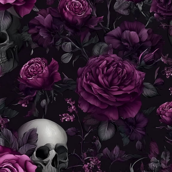 Gothic Peel and Stick Wallpaper Dark Floral Roses Skulls Purple Tones Wall Mural 23.6in x 9.8ft Self Adhesive Removable Wall Paper Renter Friendly Wallpaper for Nursery Bedroom Cabinets