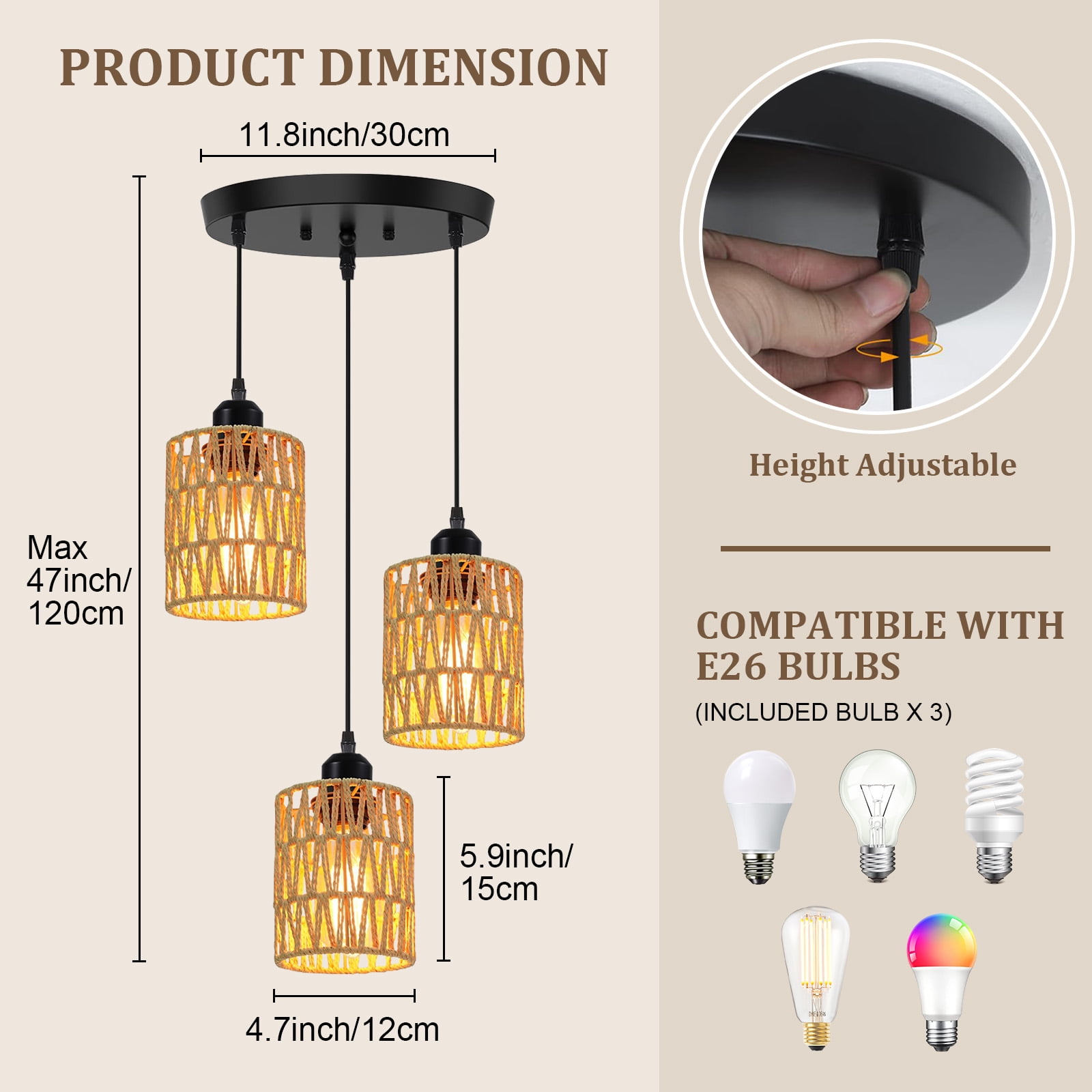 DONGPAI Rattan Farmhouse Pendant Lights for Kitchen Island, Boho Hand-Woven Lamp Shade Kitchen Hanging Lights Ceiling Light Fixture for Kitchen, Dining Room, Foyer & Entryway