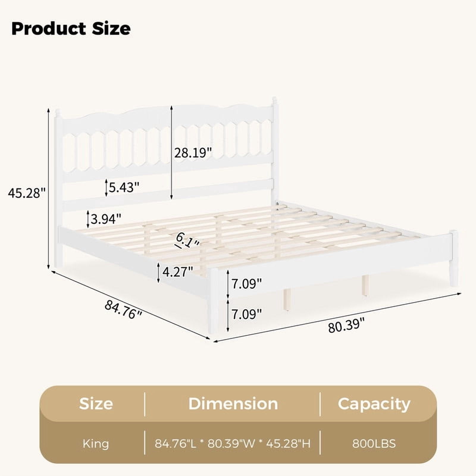 King Size Retro Countryside Style Wooden Bed Frame with Spindle Headboard, Low Profile Platform Bed with No Box Spring Required