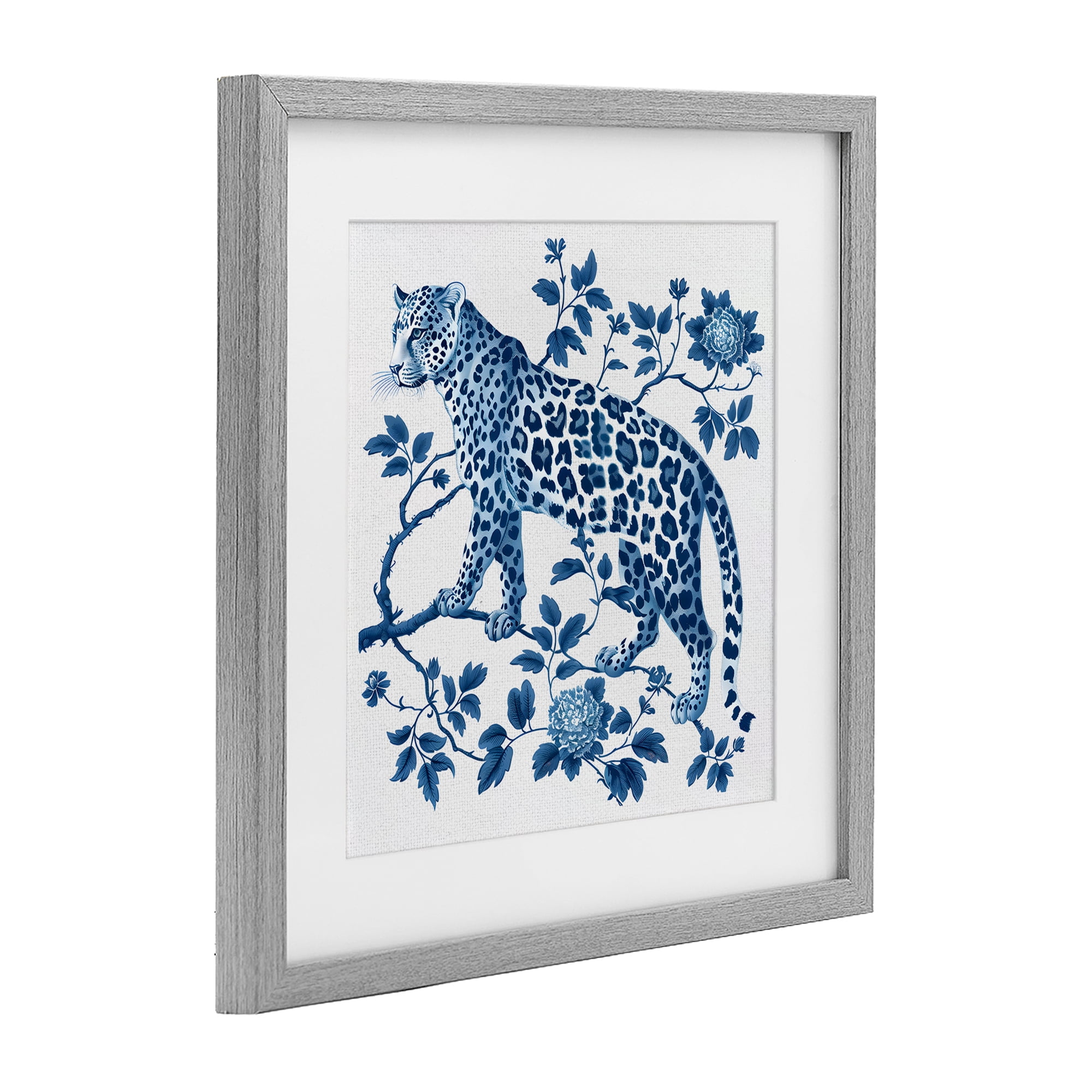 Traditional Ornate Floral Leopard Gray Framed Print Under Glass, design by Lettered and Lined