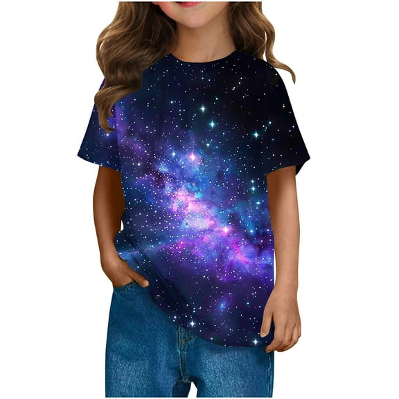 Galaxies Unisex T-Shirt Girls 3D Print Crew Neck Graphic Tees Short Sleeve Summer Starry Sky T Shirts Purple， 5 Years