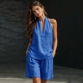 thumbnail image 5 of Linen Short Sets for Women 2 Piece Outfits V Neck Halter Tank Tops Knee Length Bermuda Shorts Beach Loungewear Set,Blue M, 5 of 7
