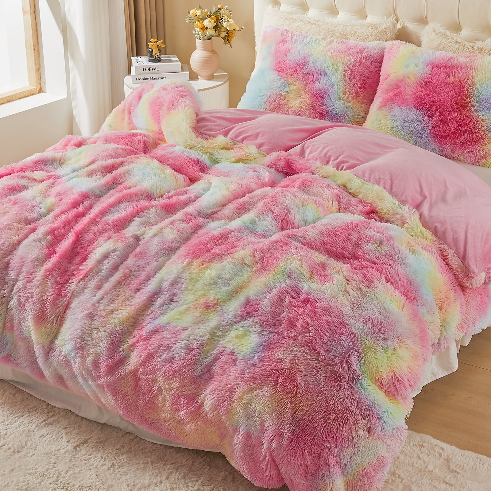 EMME 3pcs Plush Shaggy Duvet Cover Set Queen Luxury Fuzzy Comforter  Set, Soft Fluffy Winter Bedding Set (Rainbow, Queen )
