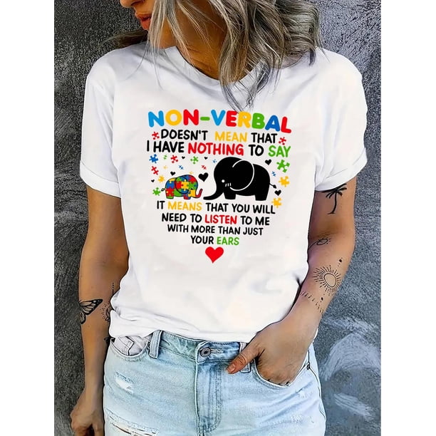 Camiseta de Verano para Mujer Suave Cuello RedondoWomen'S Inspirational Non-Verbal Communication Message T-Shirt, Elephant Graphic Print, Casual Polyester Knit Crew Neck Tee with Medium Stretch - Al