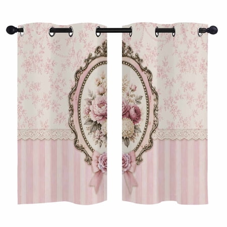 Romantic Floral Frame Blackout Curtains 39 Inches Long Classic Pink Floral Stripes Thermal Insulated Room Darkening Drapes with Grommets for Living Room 27.5 W x 39 L 2 Panels