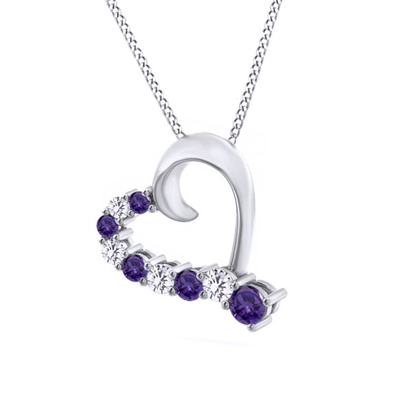 AFFY Round Cut Simulated Amethyst & White Topaz Heart Promise Pendant Necklace In 14k White Gold