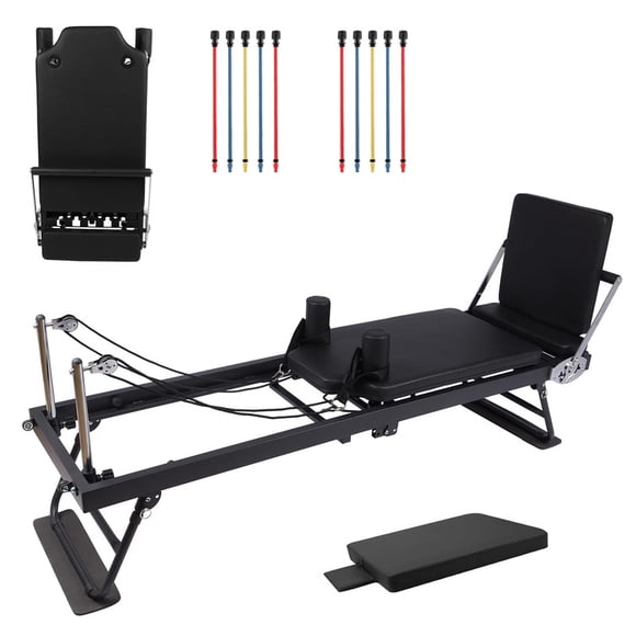 Pilates Reformer Machine with Wheels, Adjustable Armrests & Headrest, 2 Sets Resistance Bands, Thick Metal Frame Supports 300lb, Home Gym Equipment for Women
