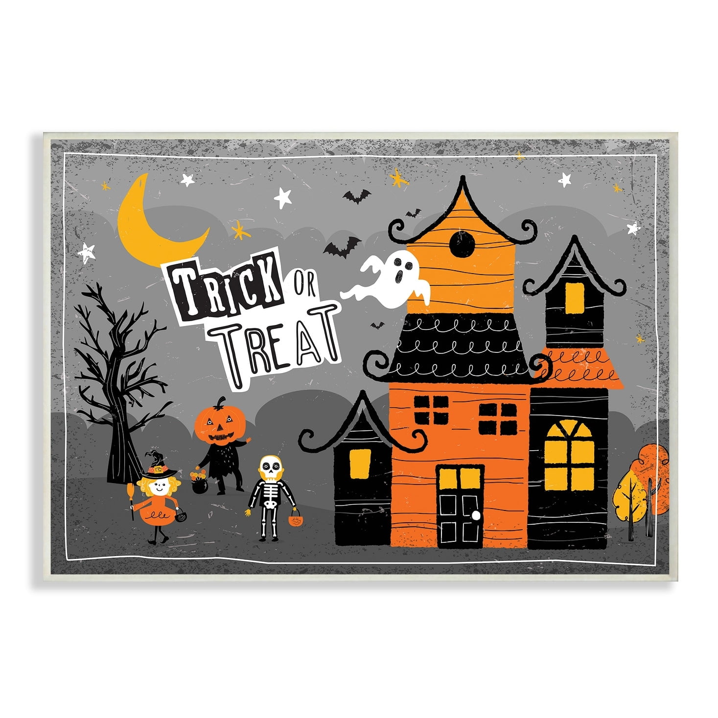 The Stupell Home Decor Collection Black Orange and Grey Trick Or Treat Haunted House Scene Ghosts Moon Pumpkins Bats Wall Plaque Art, 10 x 0.5 x 15