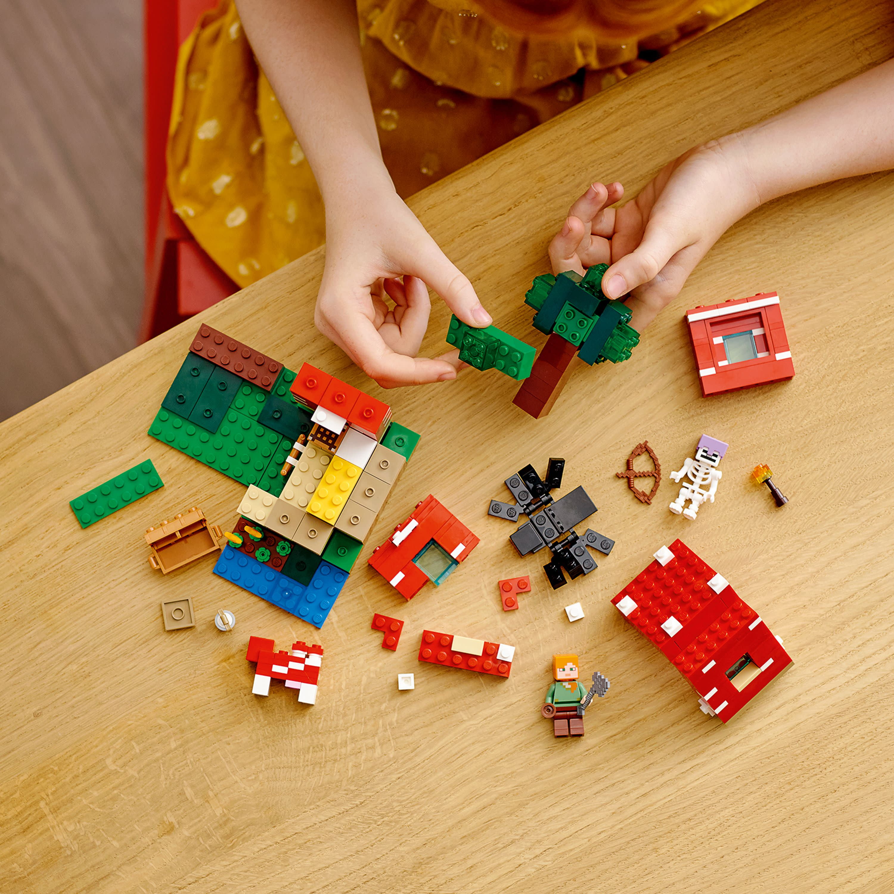 LEGO Minecraft Alex, Mooshroom with 8 House Gift Set Idea 21179 for Age & The Mushroom Toy Building plus, Kids Animal Spider Jockey Figures