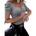 thumbnail image 2 of Summer Short Sleeve Women Puff Top Ribbed Knit Elegant Slim T Shirt Blouse Solid Tee, 2 of 5