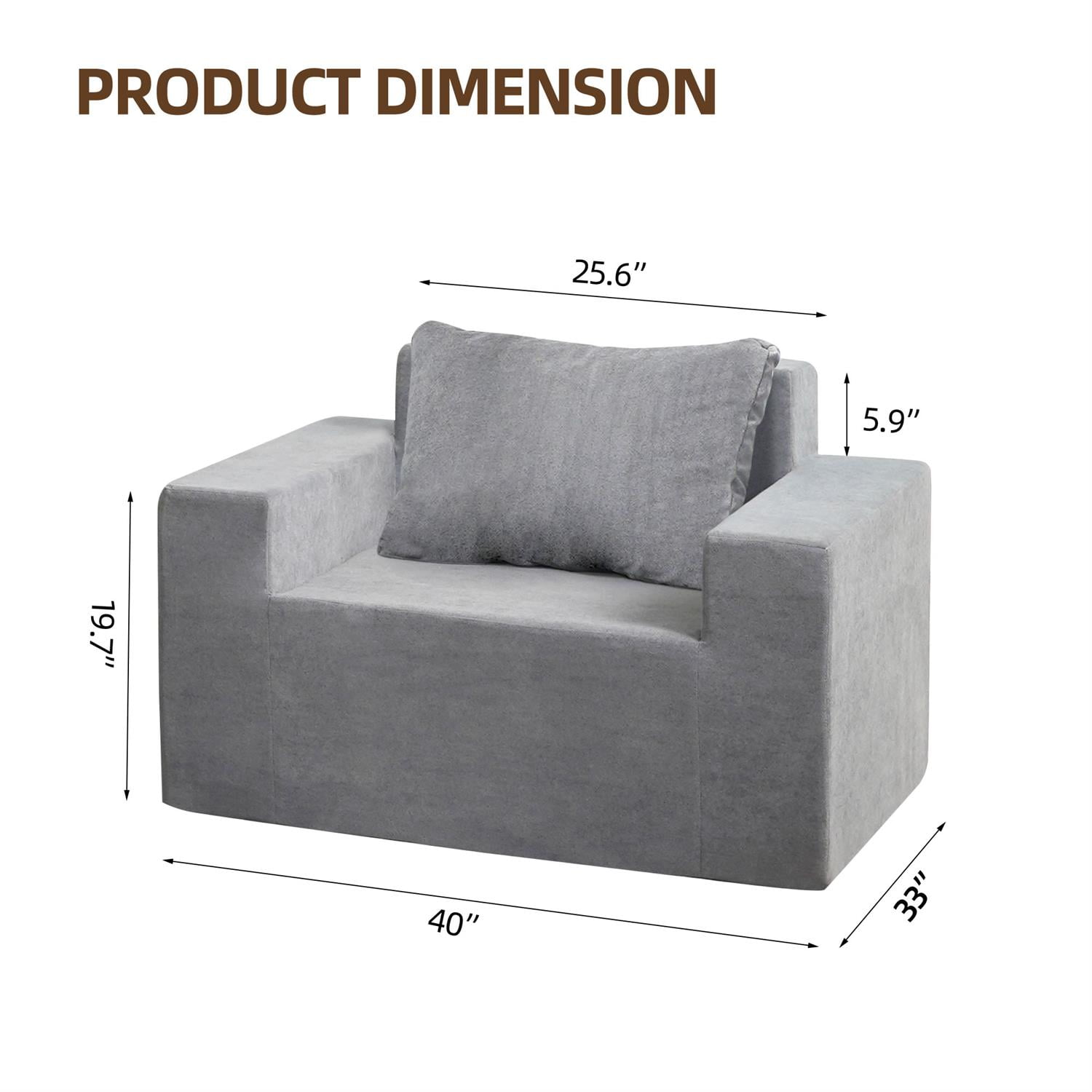 Demi Bonn 40" Comfy Foam Sofa with Pillows, Large Bean Bag Chairs Couch for Living Room, Bedroom, Premium High-Density Foam, Gray