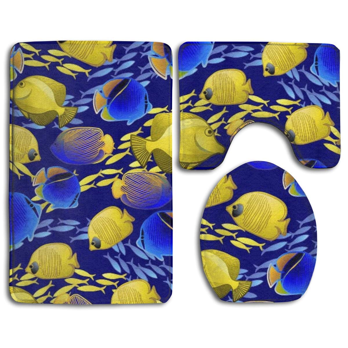 CHAPLLE Tropical Ocean Blue Yellow Fish Undersea 3 Piece Bathroom Rugs Set Bath Rug Contour Mat