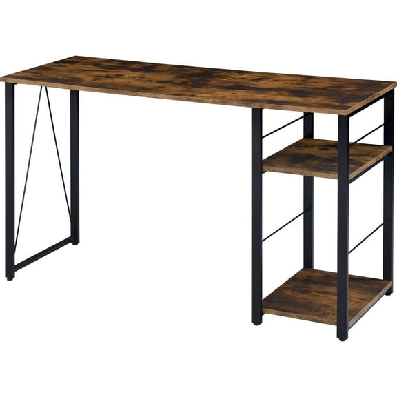 Benjara Writing Desk with 2 Tier Shelves and Tubular Metal Legs, Brown and Black