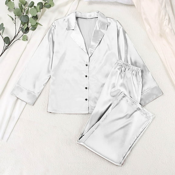GigrtiJin Women's Casual Silk Pajama Sets Long Sleeves Button down V-Neck Pjs Set Long Pants Nightgown Two-Piece Outfit