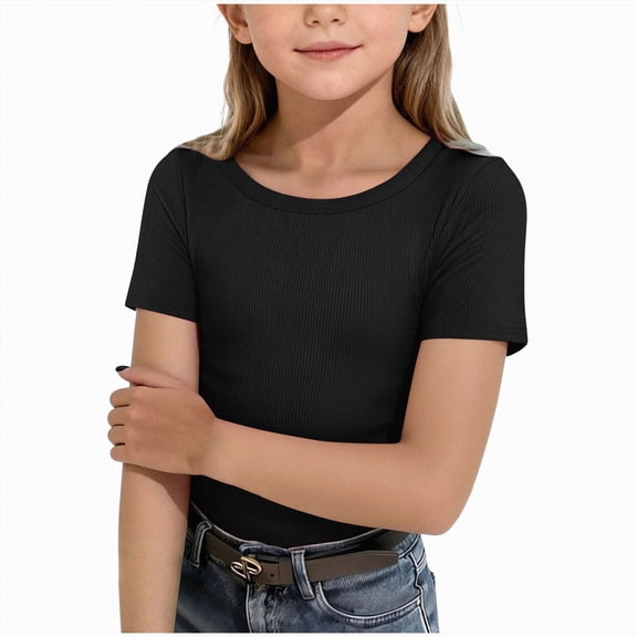 CAICJ98 Girls T Shirts Crew Neck Ribbed Fitted Tight Tshirt Kids Short Sleeve Shirt Basic Knit Top (Black,9-10 Years)