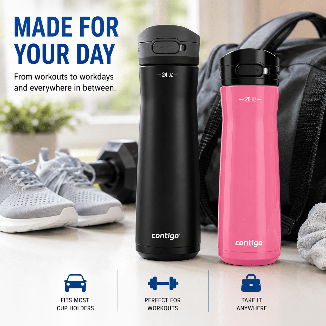Contigo Jackson Chill  Bundle 2 Water Bottles Black 24oz and Pink  20oz with Autopop Lid