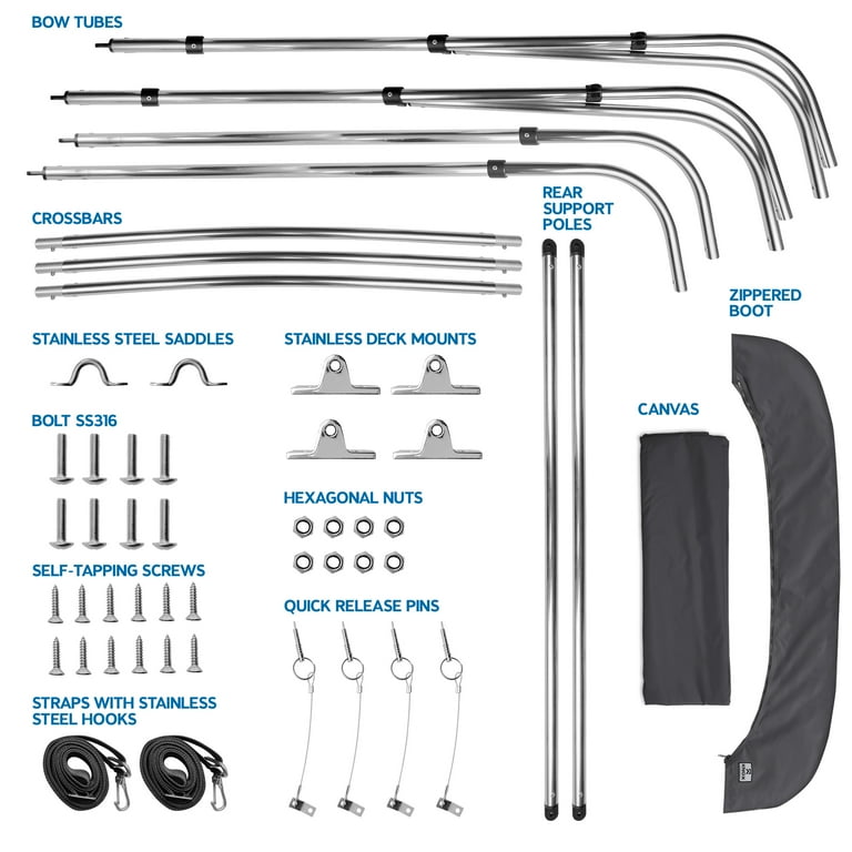 KNOX 3-Bow Bimini Top For Boats - Fadeproof 900D Marine Canvas With Storage Boot, Pacific Blue