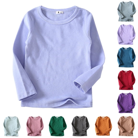 CUZIBR Girls Tops Solid Color Baby Shirts Crewneck Soft Fashion Comfortable T Shirt Unisex Long Sleeve Tee Dailywear,Light Purple,7-8 Years