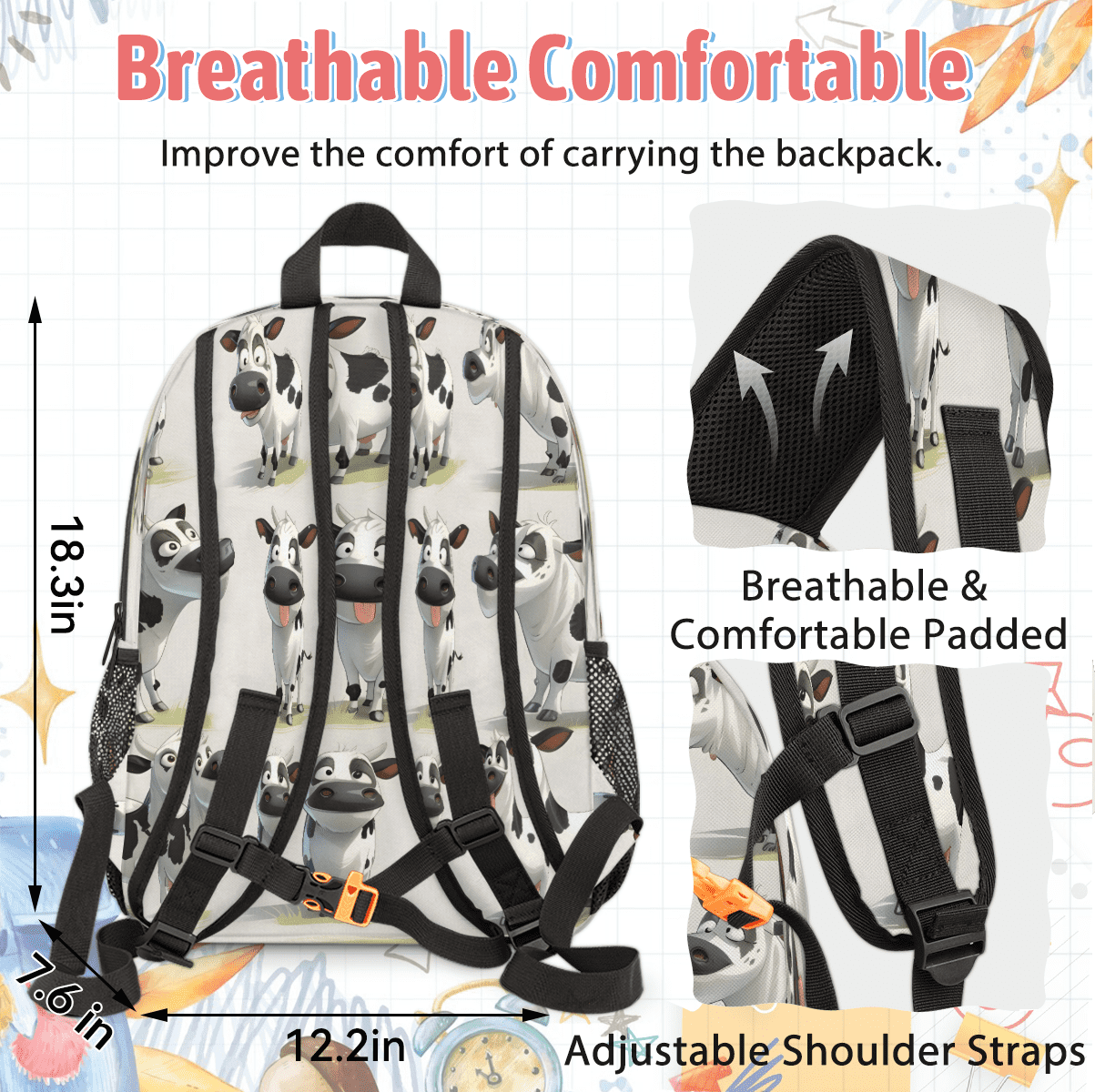 Herdesigns Cow Farm Animal Large Backpack Set with Lunch Box Lightweight Water Resistant Travel Laptop Backpacks Casual Daypacks for Women Men