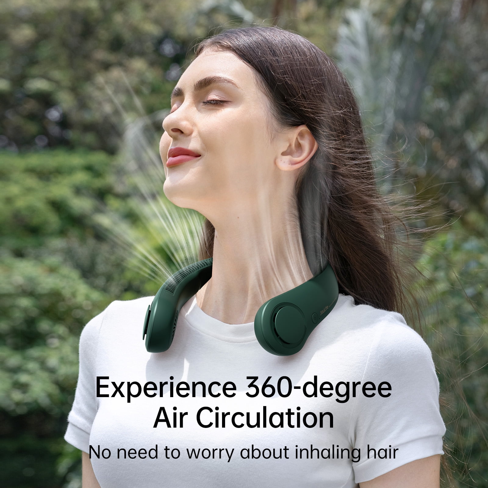 JISULIFE Portable Neck Fan, Rechargeable Wearable Fan, Bladeless Hands-Free Cooling, Quiet 25dB, 5 Speeds, 16H Battery Life, Essential for Indoor/Outdoor, Gift for Women, Men - Green