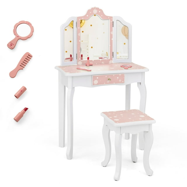 Patiojoy Kids Vanity Table and Chair Set Princess Makeup Table with Stool Removable Tri-Folding Mirror Pink