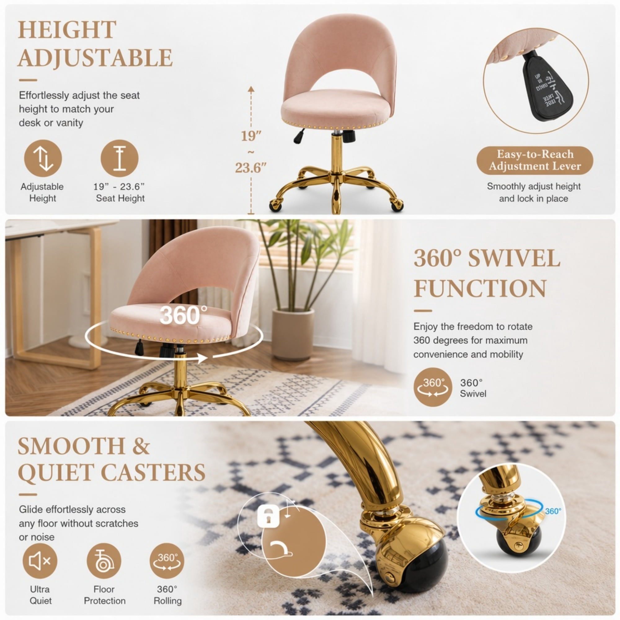 Ktaxon Office Desk Chair Adjustable Flannel Computer Task Chair Small Rolling Vanity Stool with Wheels for Study Make-up Dressing Room Pink