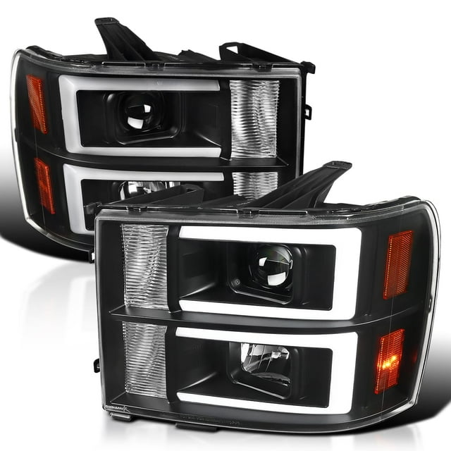 Spec-D Tuning Black LED Bar Projector Headlights Compatible with 2007-2013 GMC Sierra Models 1500 1500HD 2500HD 3500HD, Left + Right Pair Headlamps Assembly