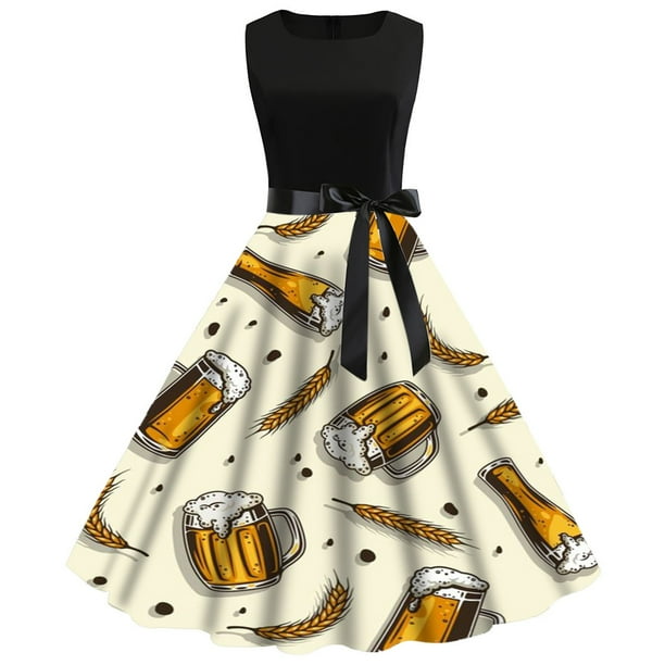 WILLBEST Vestidos Casuales para Mujer con Curvas Vestido Informal de Verano de Manga Corta con Cuello Redondo y Cinturón Extraíble con Estampado de Oktoberfest Chica