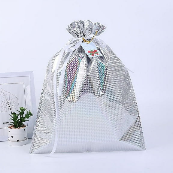 Nvzi -b 10pcs 22.83x16.93inch Christmas Gift Bags Holiday Wrapping Bags,Drawstring Christmas Gift Bags Christmas Foil Gift Cloth Gift Bags(Silvery)