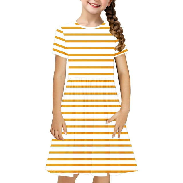 QIPOPIQ Robe Extensible à Manches Courtes pour Filles, Ligne A, Patineuse Tournoyante, Robe de Fête d'École, Liquidation