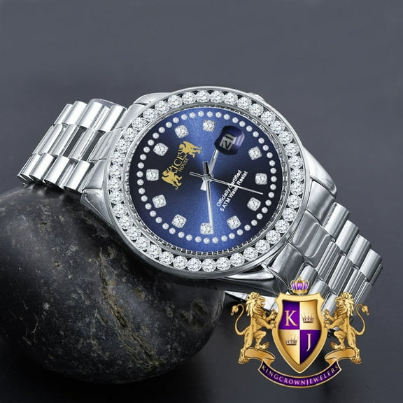 Sapphire Blue Dial Full Solid stainless Steel Solitaire 18K Yellow Gold Finish Simulated Diamond 41mm Mens Watch