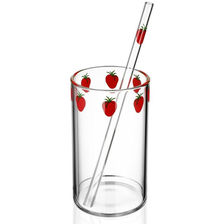 Strawberry Glass Cup with Straw Lovely Strawberry Cup Glass Tumbler with Straw for Juice Water Milk Coffee Tea, Size: 11.00
