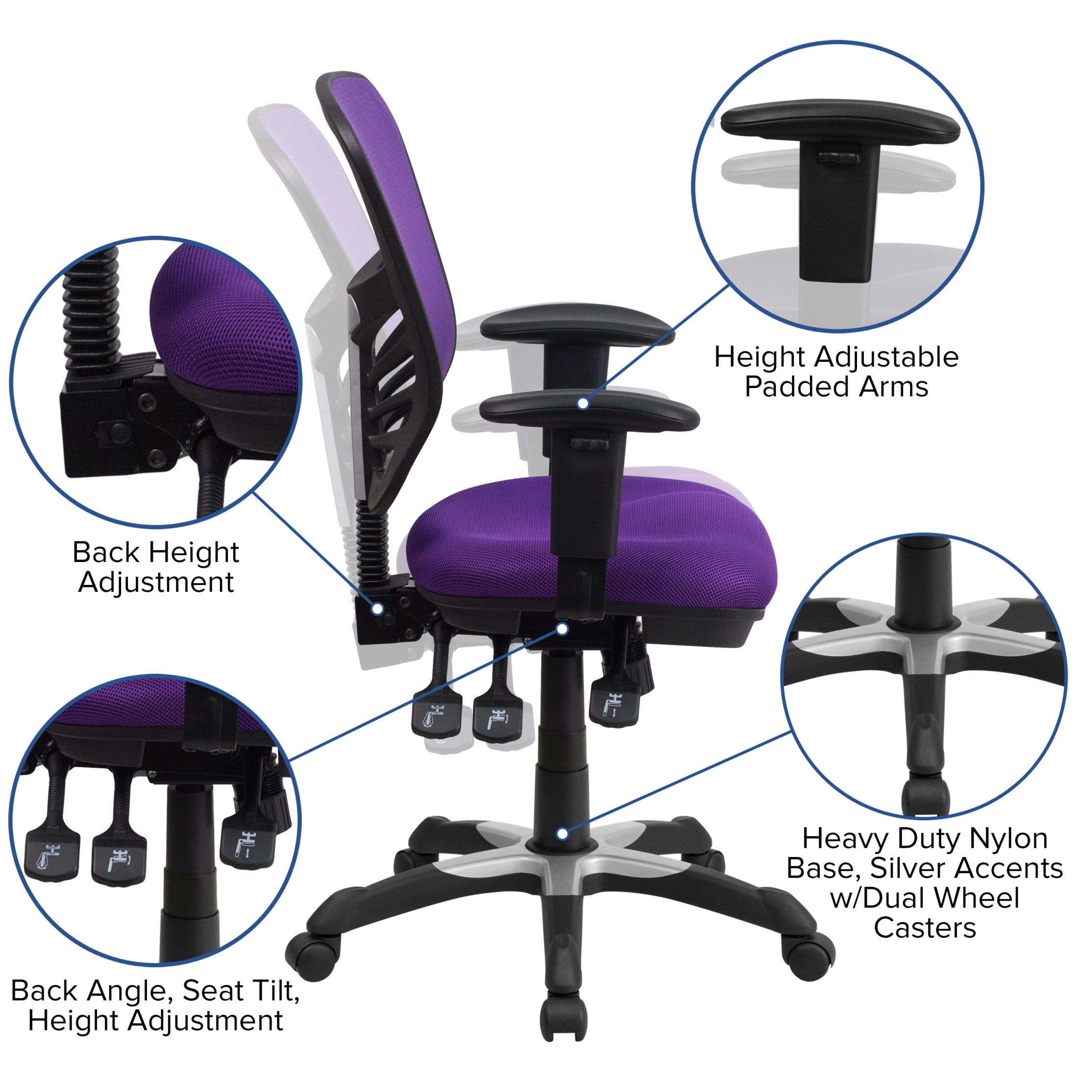 Emma + Oliver Mid-Back Purple Mesh Multifunction Ergonomic Office Chair - Adjustable Arms