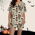 thumbnail image 2 of Helii Women Halloween Graphic Printed Button Shirt Pajamas Sets Silk Satin Cute Sleepwear Short Sleeve Tops White M, 2 of 5