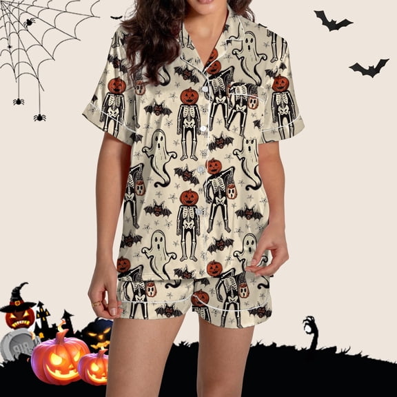 Miorin Under $6 Women Halloween Silk Pajamas Sets 2 Piece Short Sleeve Button-Down Satin Pjs Sleepwear Soft Loungewear, M
