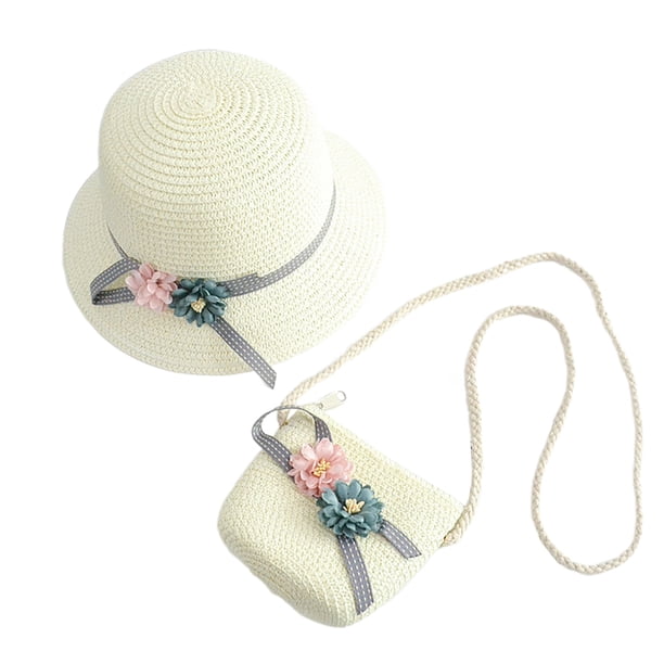 1 juego de kit de playa para niños, adorable bolso bandolera con sombrero de paja para niñas pequeñas (blanco)