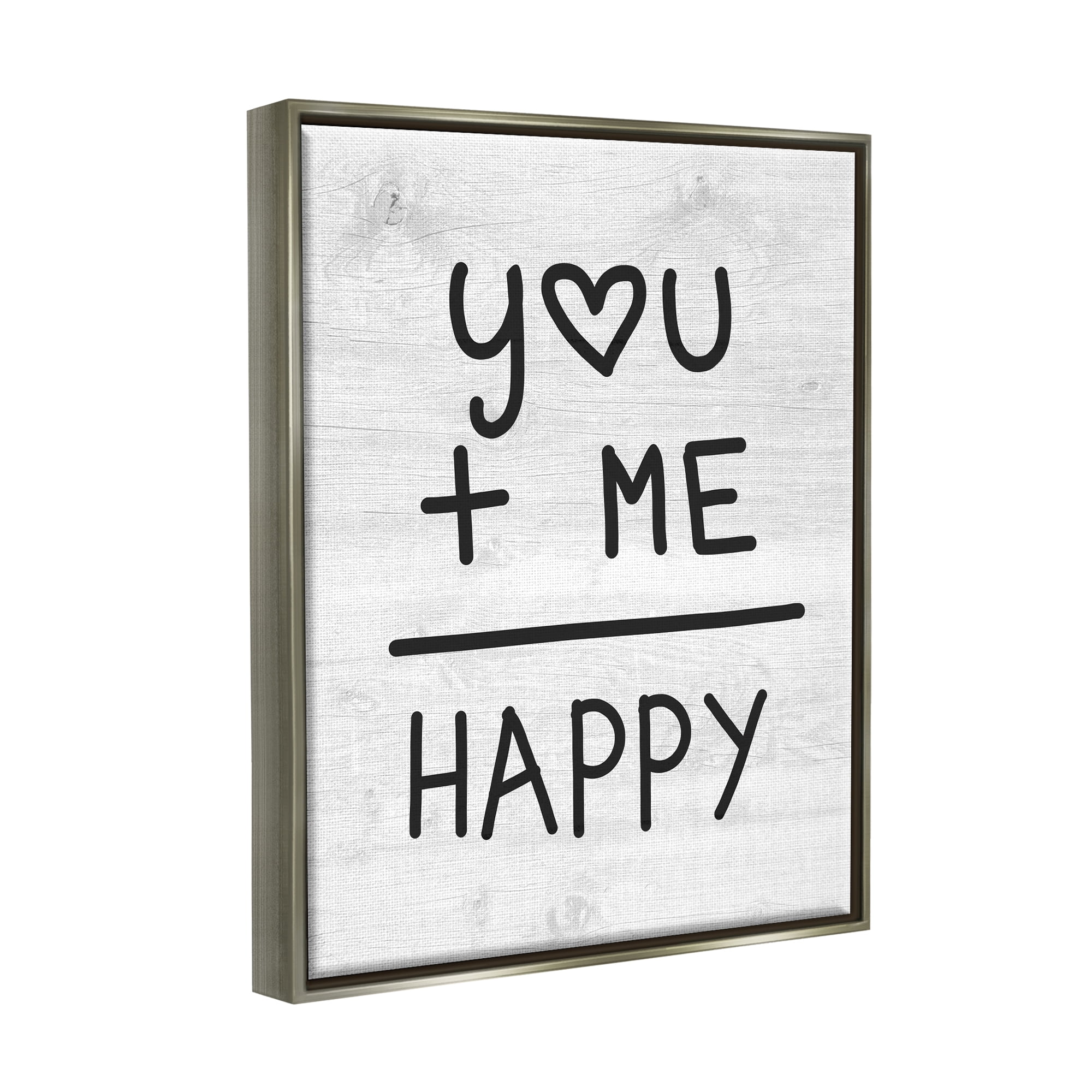 Stupell Industries You + Me = Happy Romantic Phrase Inspirational Painting Gray Floater Framed Art Print Wall Art