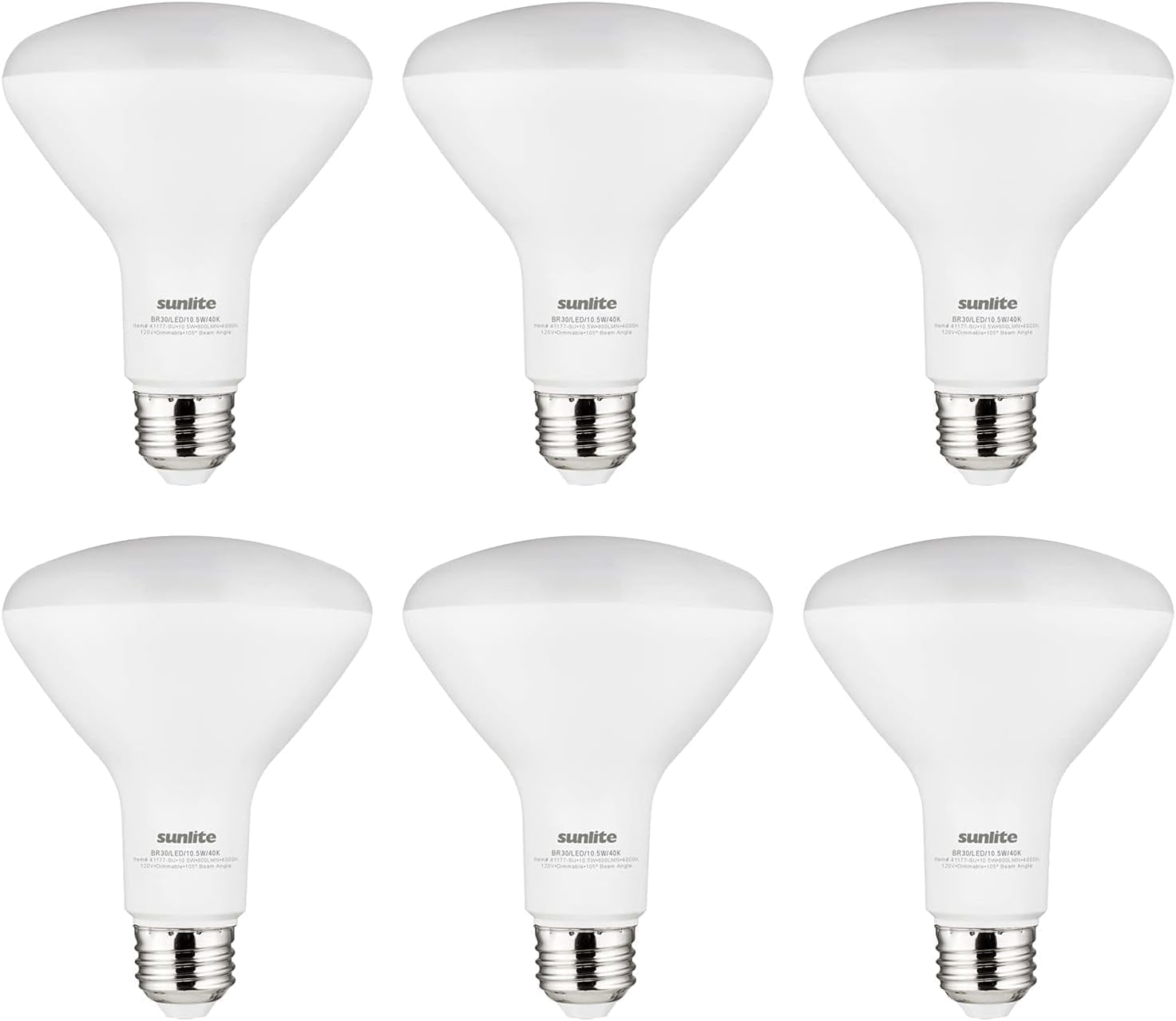 Sunlite LED BR30 Light Bulb, 10.5 Watt (65w Equiv), 800 LMNS, Medium E26 Base, Dimmable, UL Listed, 4000K Cool White, 6 Count